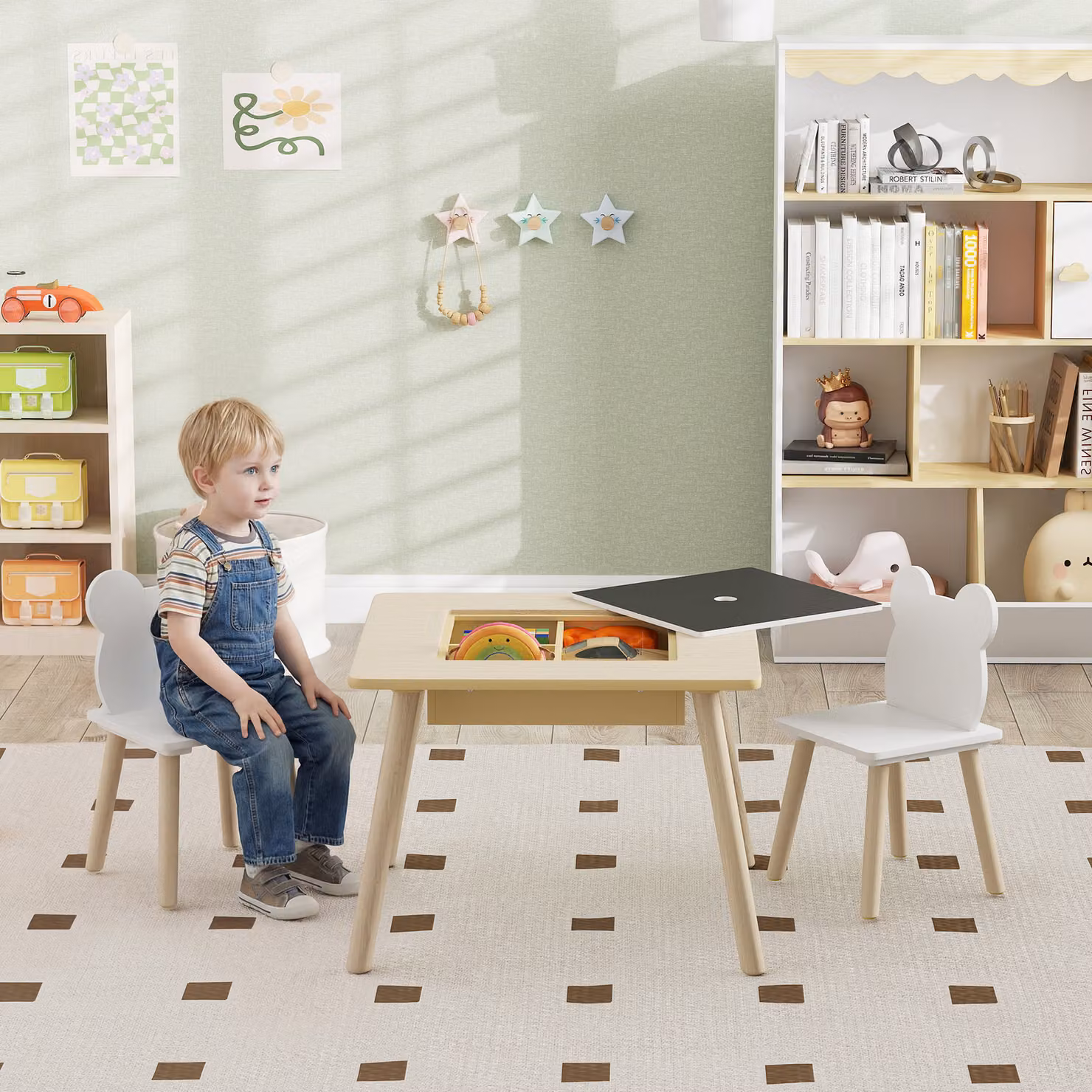 Set da tavolo per bambini AIYAPLAY con 2 sedie e vano portaoggetti in legno e MDF, stile scandinavo, colori beige, marrone o bianco – 2