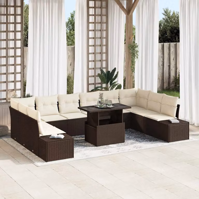 Set Divano da Giardino vidaXL 11 Pezzi a Forma di U con Tavolino in Vetro, Marrone e Beige