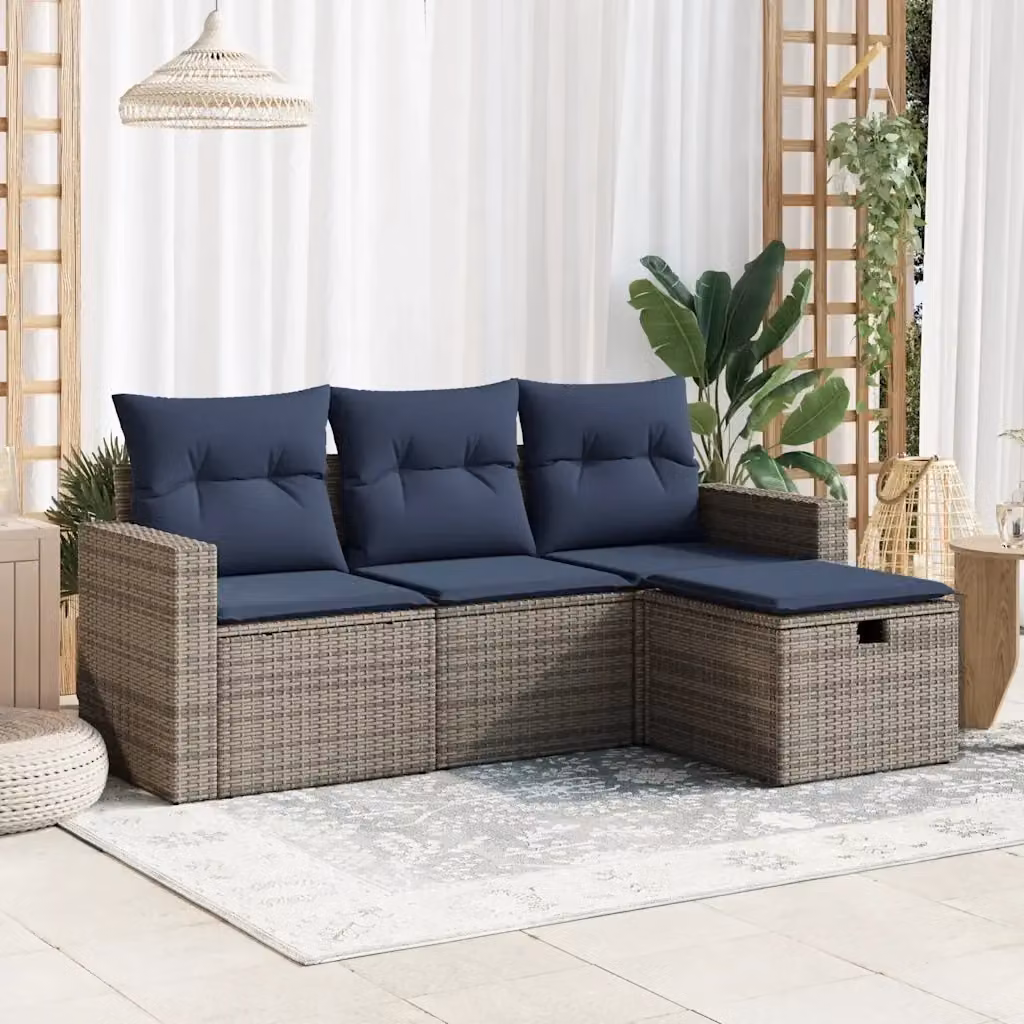 Set Salotto da Giardino a L con 4 Pezzi in Polyrattan Grigio e Blu con Cuscini Imbottiti e Coperture Rimovibili – 2