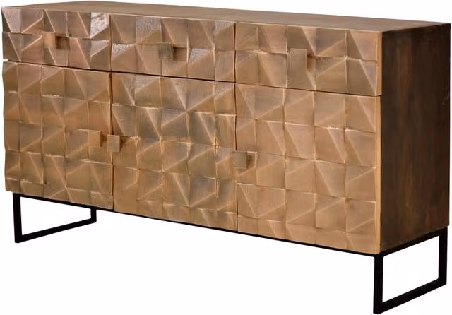 Consolle moderna in legno di mango con 3 ante e 3 cassetti, finitura marrone e bronzo