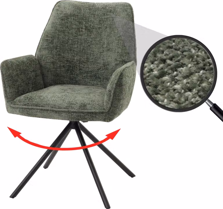 Sedia da pranzo HWC-G67, sedia da cucina, sedia con braccioli, girevole, con sistema di blocco automatico della posizione, tessuto chenille, colore verde