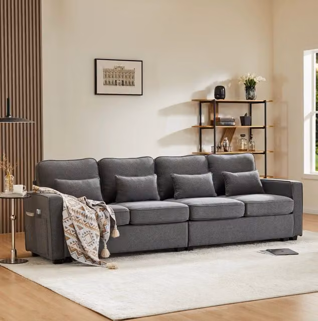 Divano 4 posti 264x83x87 cm con tasche laterali in tessuto effetto lino grigio scuro