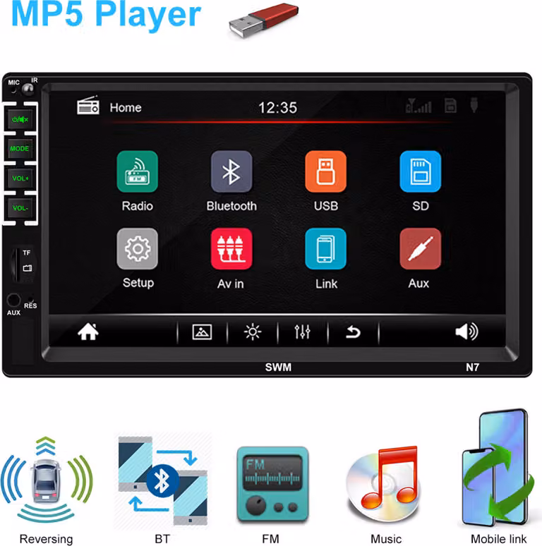 7 pollici auto Stereo Mp5 Player HD Touch- screen Universal Bluetooth Aux Radio riproduzione Reversing con 12 telecamera luce