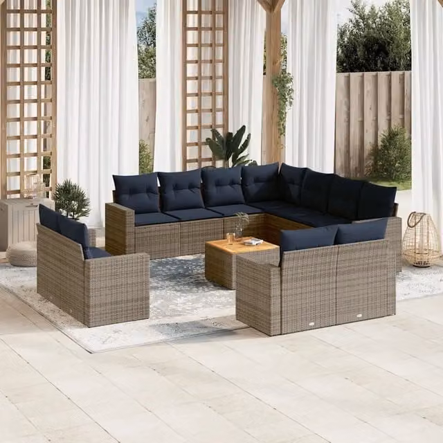 Set di Divani da Giardino vidaXL in Polyrattan Grigio e Blu con Cuscini e Tavolino per Esterno a Forma di U