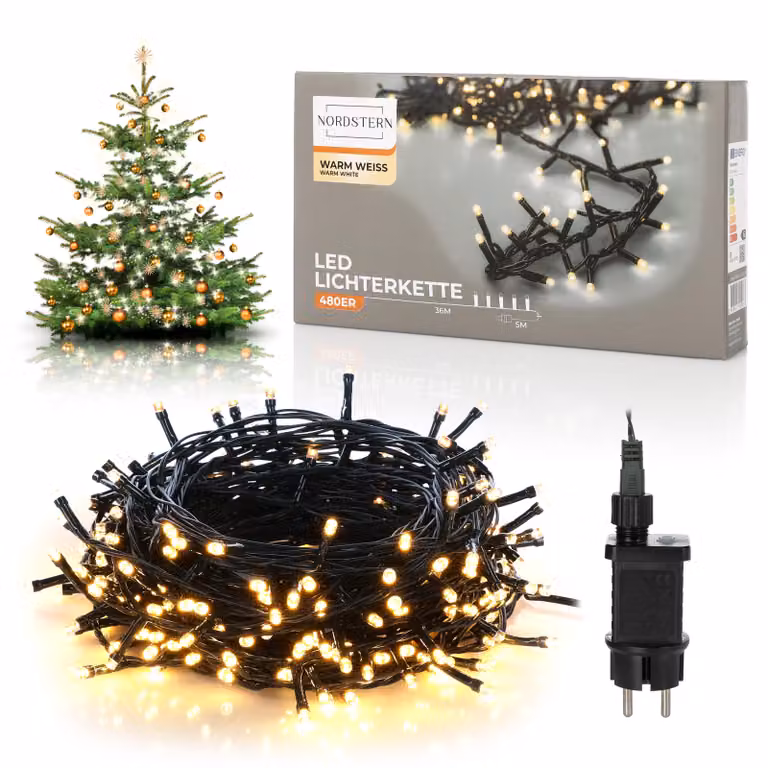 Nordstern LED luci fiabesche bianco caldo 480 LED - illuminazione natalizia per interni ed esterni con spina 36 m - illuminazione decorativa per albero di Natale resistente alle intemperie