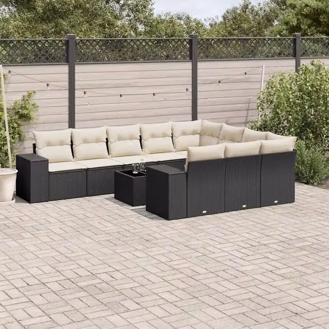 Set di Divani da Giardino a L vidaXL in Polyrattan Nero con Cuscini e Tavolino da Esterno – 1