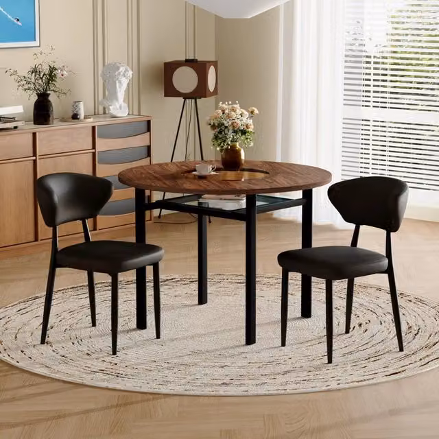 Tavolo rotondo 100 cm con 2 sedie; piano in MDF con inserto in vetro; marrone e nero