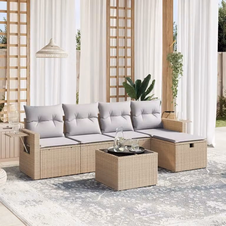 vidaXL Set Divano da Giardino a L composto da 6 pezzi con Cuscini Beige e Grigio in Polyrattan e Acciaio Verniciato a Polvere