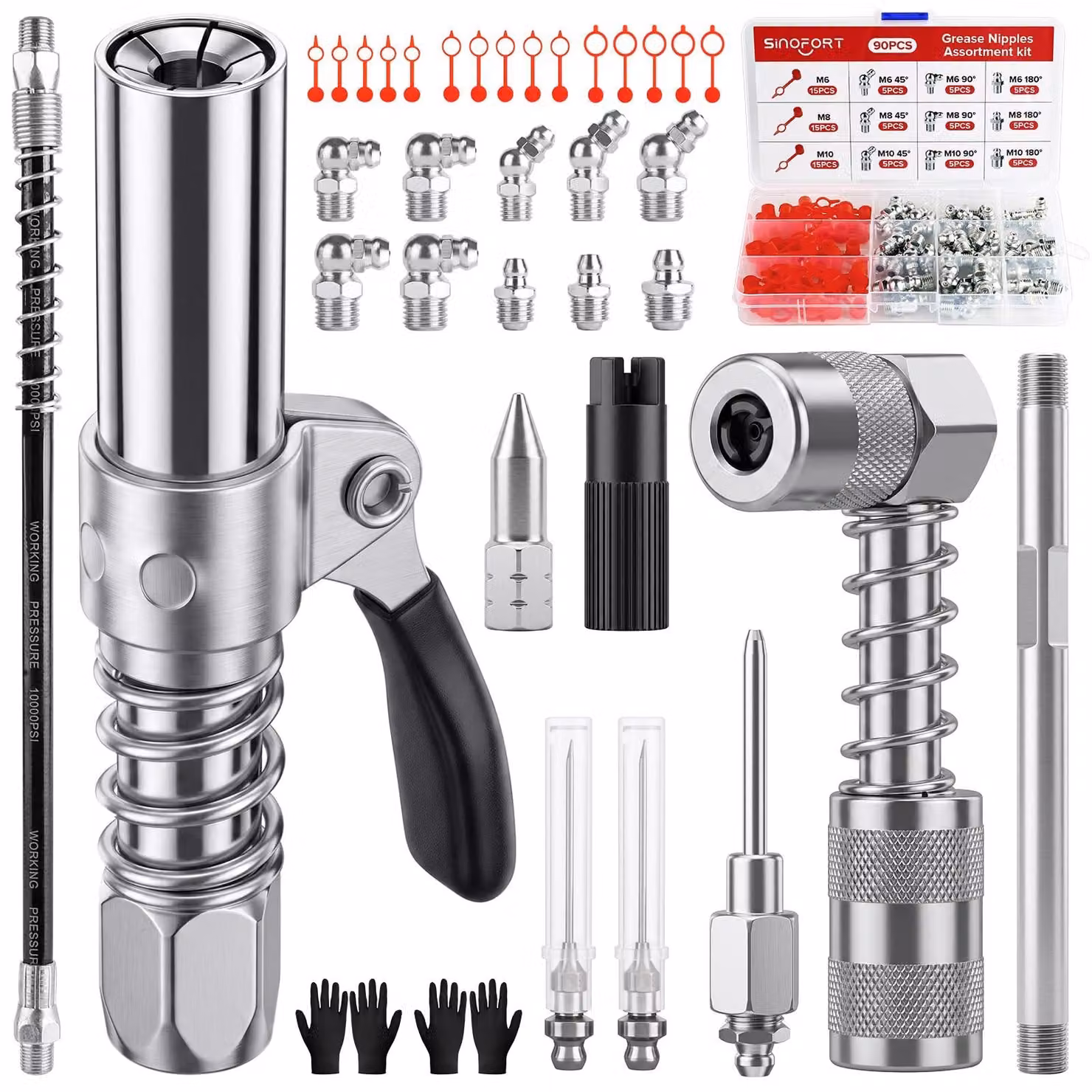 Set di 103 ugelli per ingrassatore, completo di tubo flessibile e raccordi