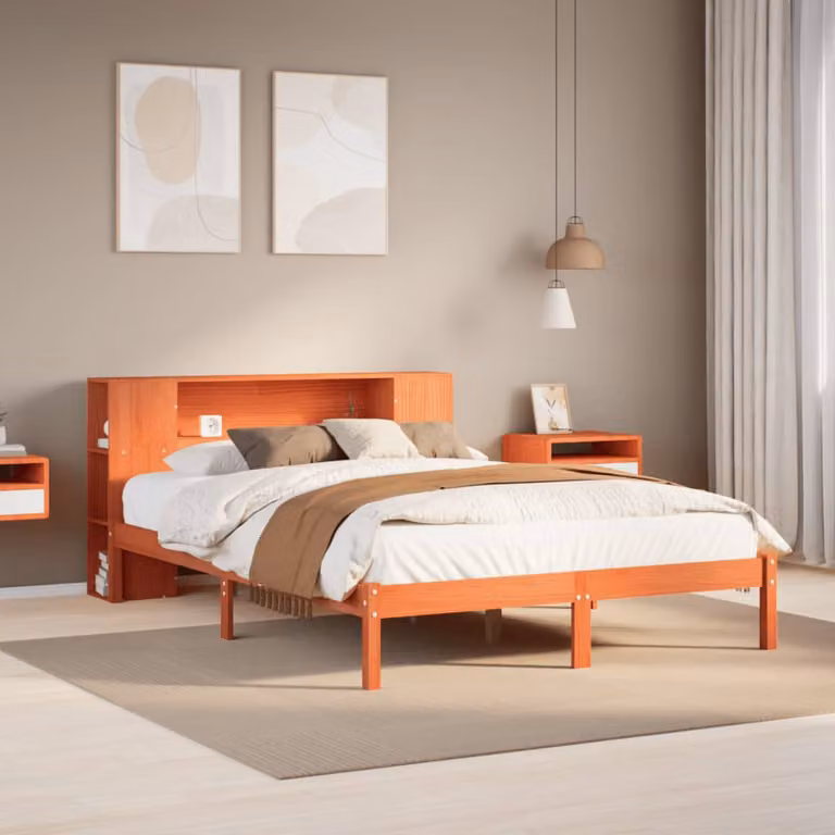 vidaXL Letto Libreria in Pino Massiccio Marrone Cera con Ripiani Laterali L/P/H: 190 x 135 x 82 cm