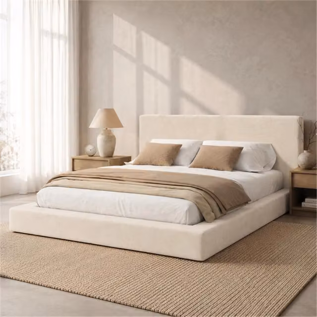 Letto matrimoniale imbottito 160x200 cm con rete a doghe e testiera capitonné; rivestimento in ciniglia; beige