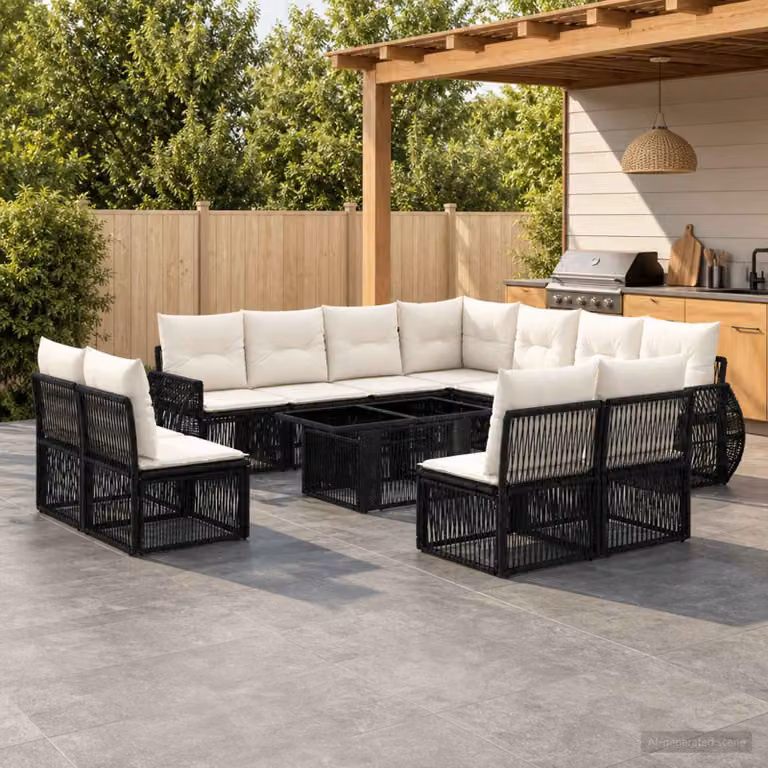 Set Divano da Giardino vidaXL in Polyrattan a Forma di U con Tavolino, 12 Pezzi, Nero e Bianco Crema