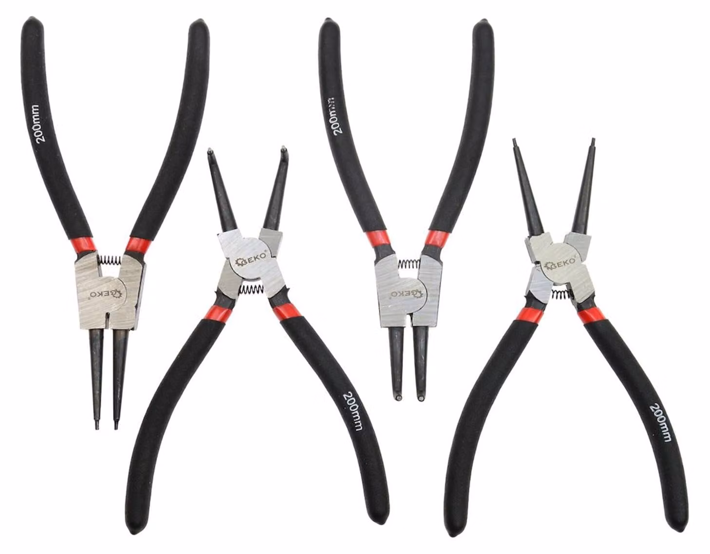 Set-kit 4 pinze per anelli di sicurezza Seeger a becco curvo e dritto interni/esterni, con punte dritte e curve per bloccaggio interno ed esterno 200 mm, Geko