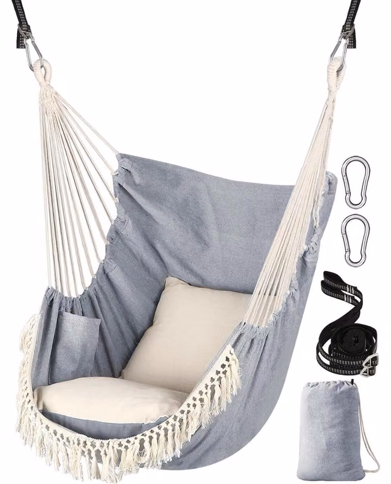 Sedia a dondolo con 2 cuscini, in cotone, color grigio chiaro, con tasca laterale e decorazioni a frangia