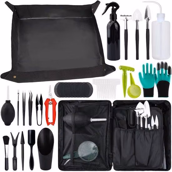 Set di 41 utensili da giardino Unyqoos®, completo di tappetino per la semina e cuscinetti in rete, mini-utensili da giardino in plastica e acciaio inossidabile, ideali per piante grasse e bonsai