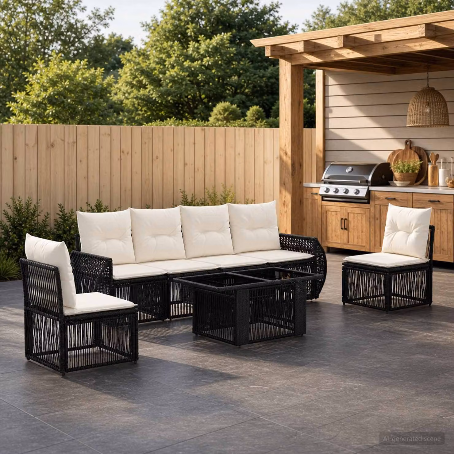 Set Divano da Giardino vidaXL 7 Pezzi Moderno in Polyrattan con Cuscini Imbottiti e Tavolino, Nero e Bianco Crema