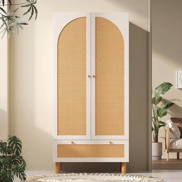 Armadio guardaroba 2 ante con vimini - Xylo - stile cottage, grande cassetto, ripiani regolabili, bianco, 180x85x52 cm