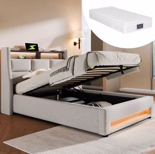 Letto contenitore 90x200 cm in lino beige chiaro con USB, LED, senza materasso