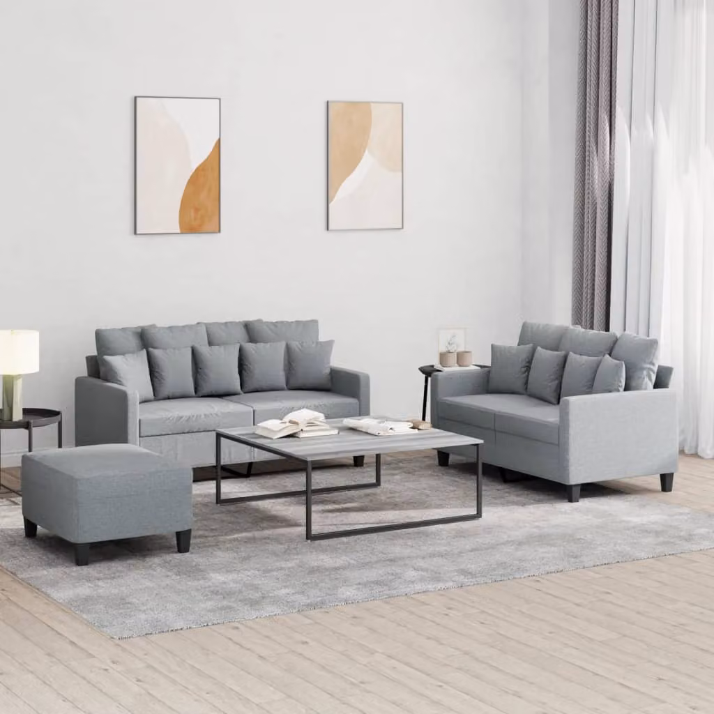 vidaXL Set di Divani 3 pz in Tessuto Grigio con Cuscini e Struttura Imbottita – 1