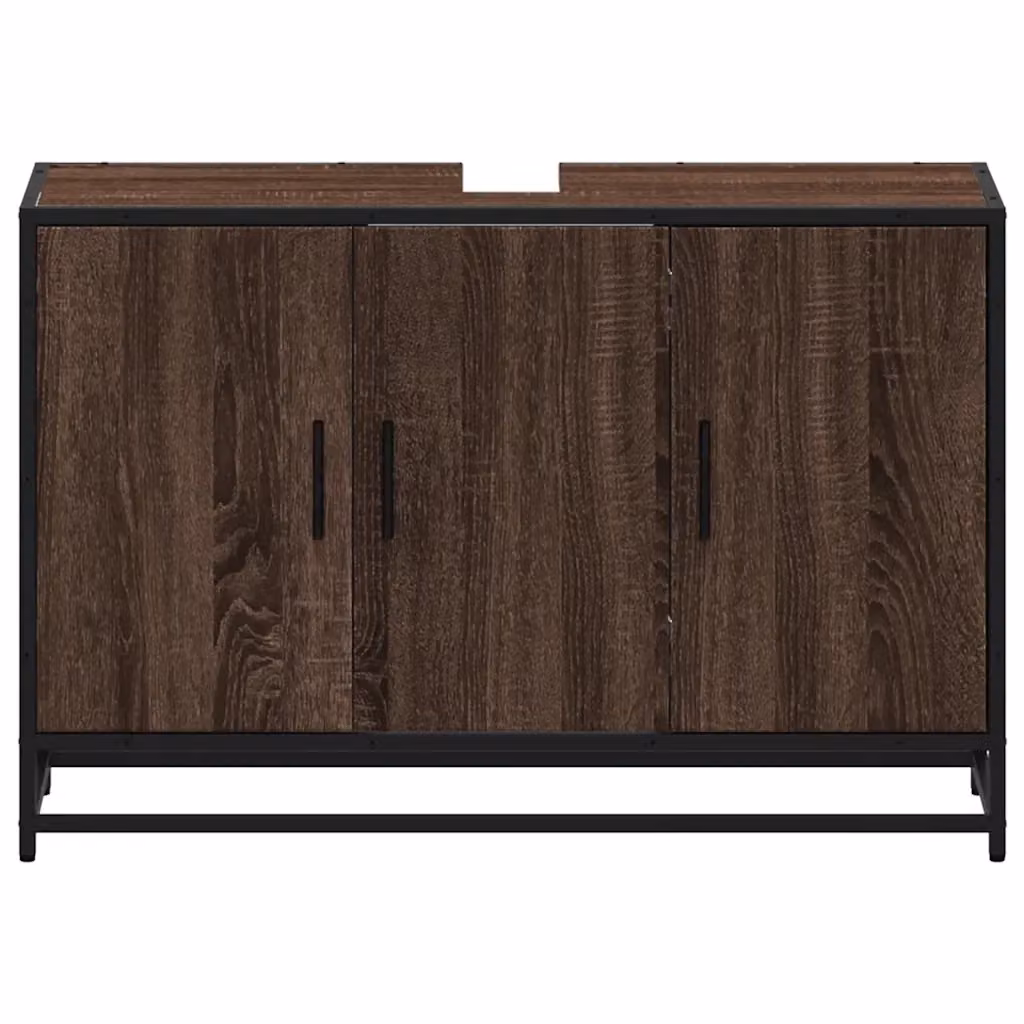 Mobiletto da bagno in stile industriale con ante a battente e ripiani interni, colore marrone legno quercia, L: 90 cm, P: 33 cm, H: 60 cm – 2