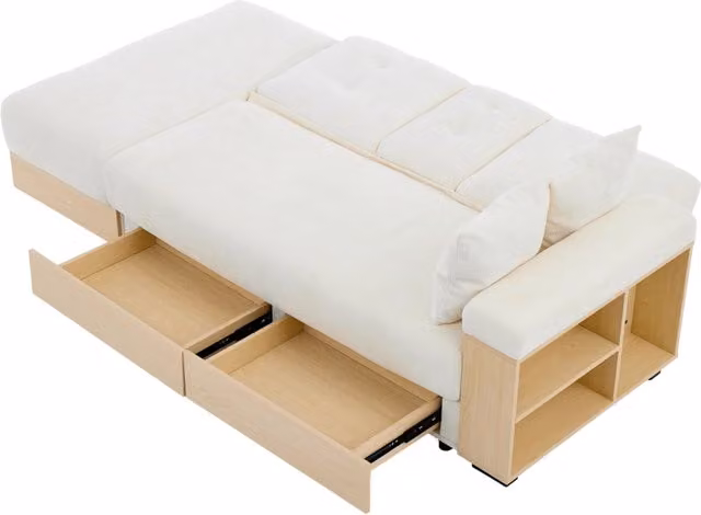 Divano angolare beige in tessuto chenille con contenitore, schienale reclinabile a 3 posizioni, letto e cassetti integrati, telaio in MDF, 217 cm