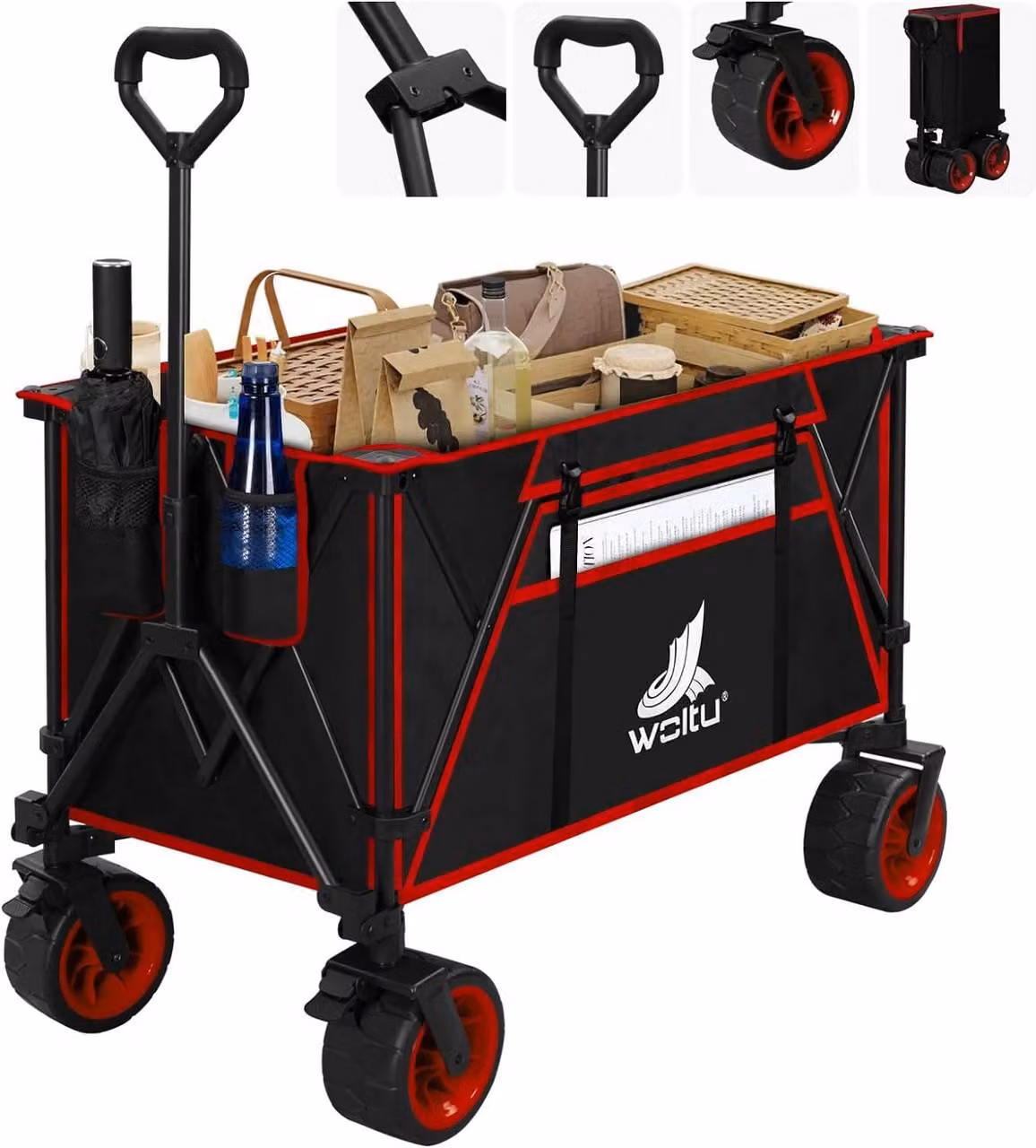Carrello pieghevole con freno, capacità 240 litri, portata 120 kg, colore nero e rosso, dimensioni 106x54x105 cm