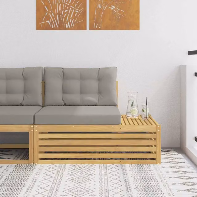 Divano da esterno moderno vidaXL in legno di acacia con cuscini bianchi e grigi L: 115 cm, P: 83 cm, H: 73 cm