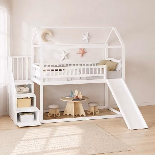 Letto a soppalco 90x200 cm bianco in legno, scivolo e scala contenitore