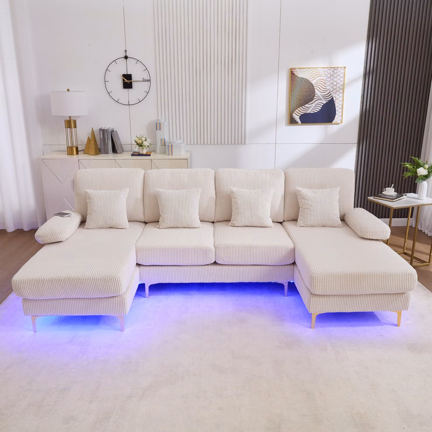 LVHOM Divano angolare a U con funzione letto e illuminazione a LED, divano da salotto con connessione USB, divano in tessuto a coste, beige