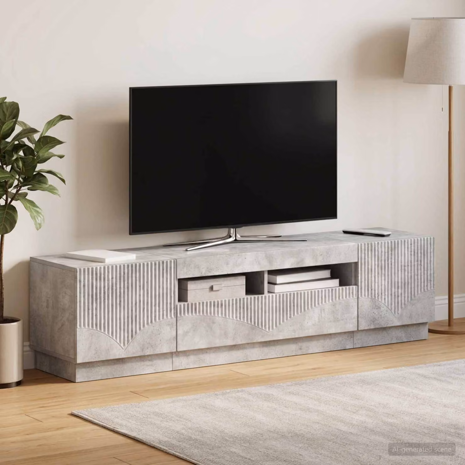 Mobile TV Stand vidaXL HOORN con illuminazione integrata, Grigio Cemento e Legno, L: 179 cm, P: 35 cm, H: 40 cm