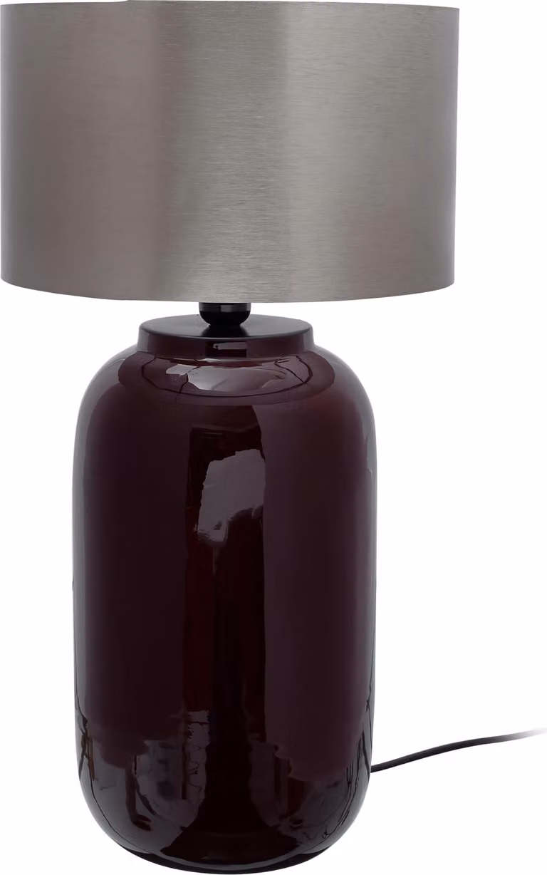 Lampada da tavolo Padiro, dimensioni 31 x 31 x 57,5 cm, colore rosso intenso e argento, realizzata in ferro, con paralume rotondo e base lucida