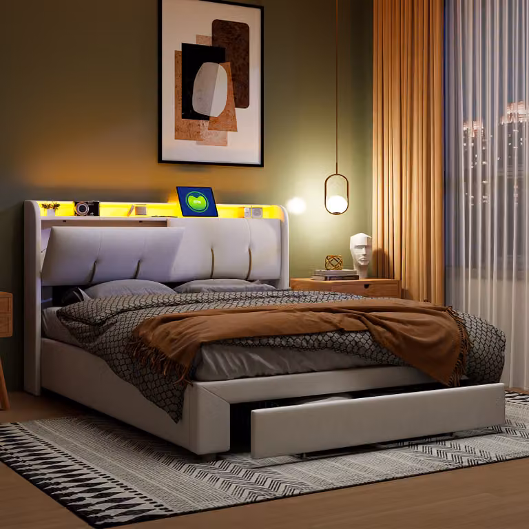 Letto imbottito 140x200 cm, letto singolo con cassetto e rete a doghe, testiera contenitore a LED Letto con contenitore e funzione di ricarica USB, letto contenitore Letti funzionali Struttura letto con schienale, beige