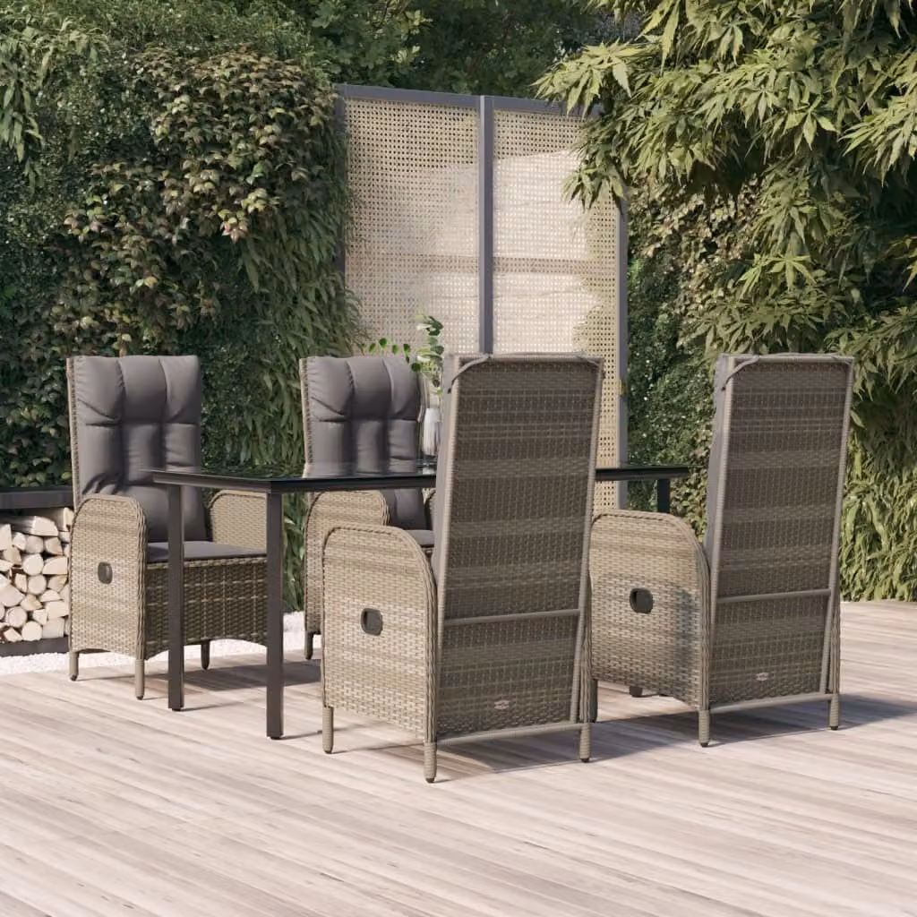 The Living Store Set da pranzo da giardino 5 pezzi con cuscini in poly rattan nero e grigio