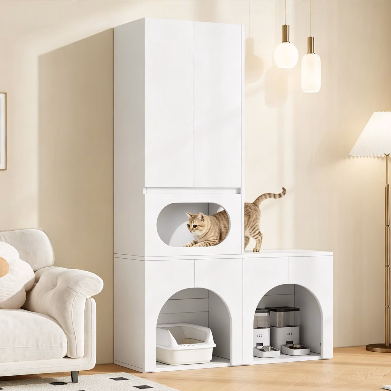 MODFU - Armadio per animali domestici, armadio alto con zona relax per animali, armadio per lettiere, armadio portaoggetti, armadio per 2 lettiere e ripiani, casetta per gatti, bianco, senza lettiera