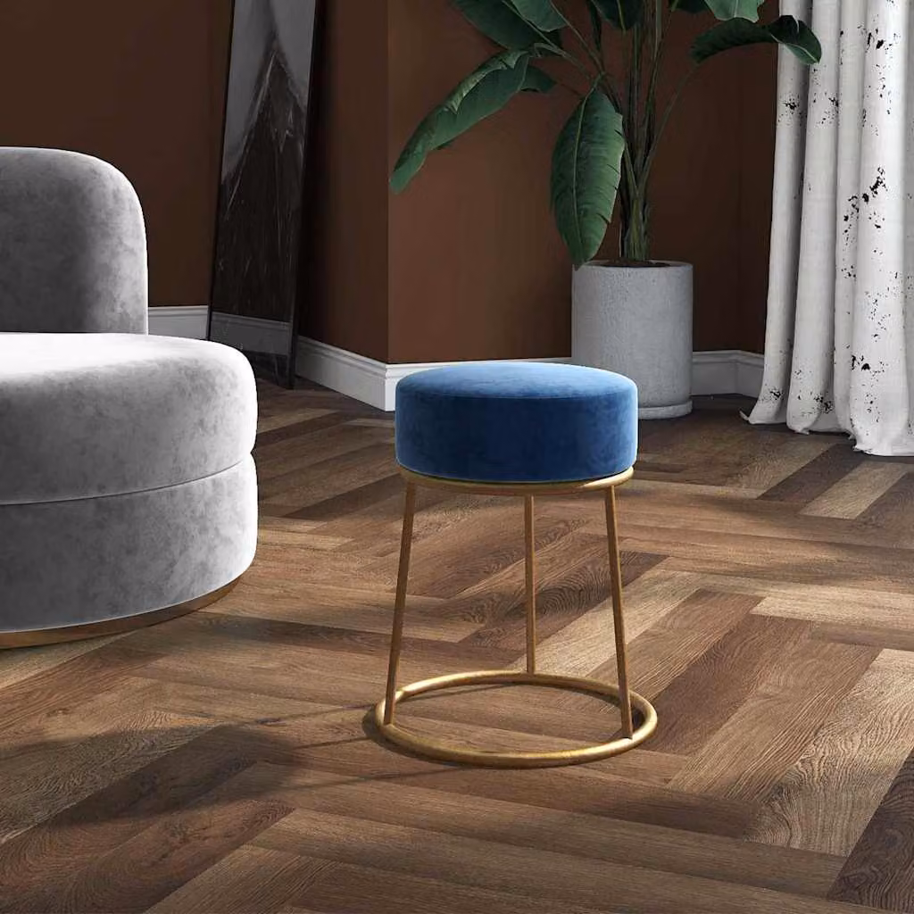 Sgabello rotondo vidaXL in velluto blu con struttura in metallo dorato, Diametro: 30 cm, Altezza: 38 cm