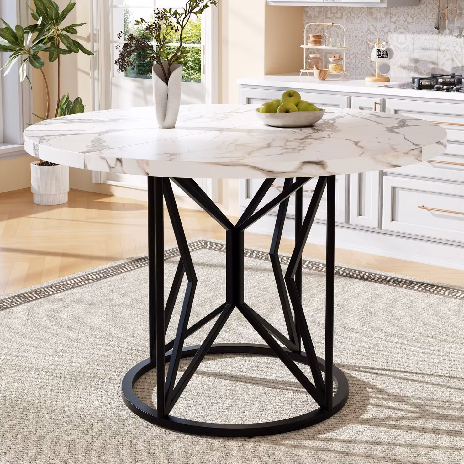 Tavolo da pranzo rotondo Flieks, gambe geometriche, tavolo da pranzo per soggiorno, piano in MDF marmorizzato, bianco+nero
