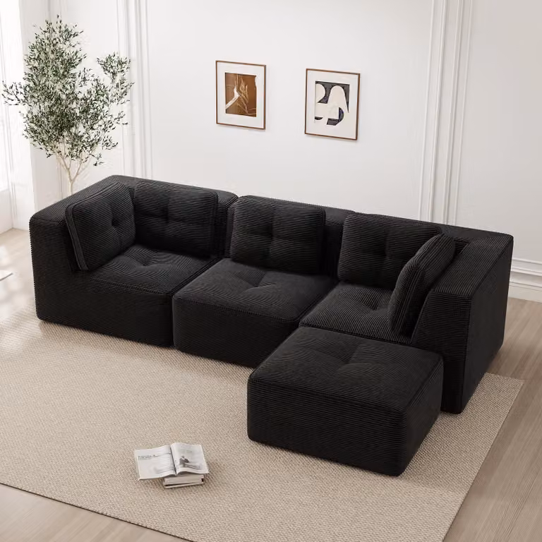 Divano angolare a forma di L, senza cornice, rivestito in tessuto Cord, con poggiapiedi, tre posti, seduta profonda, non richiede montaggio (nero)