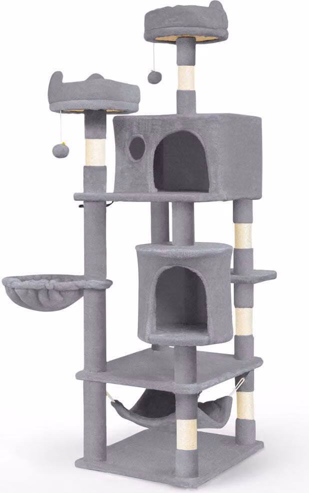 VOUNOT® Tiragraffi per gatti 168 cm, tiragraffi a più piani XXL, con cestino, amaca, palline di peluche, tronchi spessi, tiragraffi per gatti, grigio