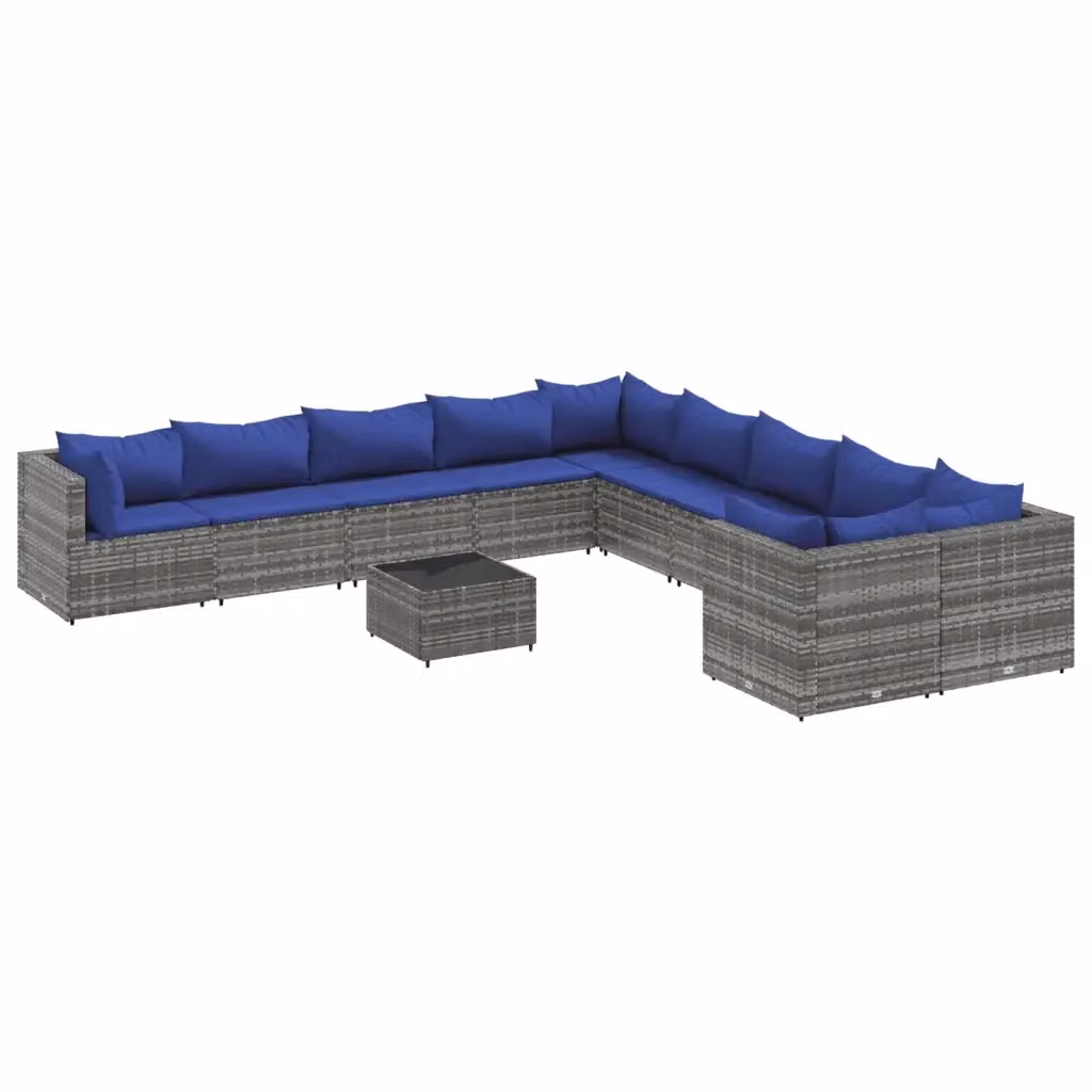 Set di Divani da Giardino vidaXL a Forma di U con 11 Pezzi, Polyrattan e Cuscini Inclusi, Grigio e Blu – 2