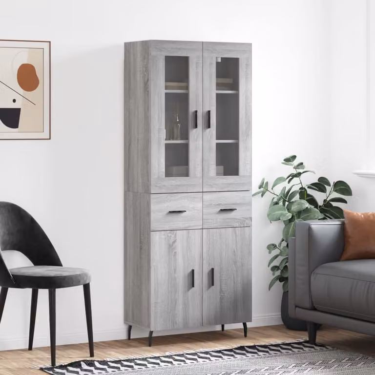 Credenza vidaXL Grigio Sonoma con ripiani e ante in vetro, L/P/H: 69,5 x 34 x 180 cm
