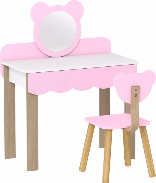 Set Frisiertisch con Sgabello per Bambini AIYAPLAY con Specchio da Trucco e Cassetto Design Orsetto in MDF Rosa