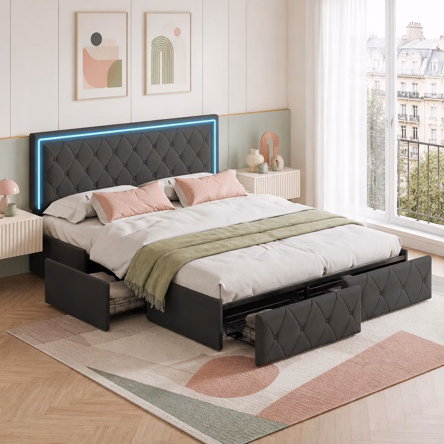 Letto imbottito matrimoniale INONEFT, 140x200 cm, con contenitore e 4 cassetti, struttura letto per ragazzi con rete a doghe, poggiatesta regolabile con LED, rivestito in PU, colore grigio