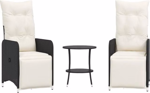 Set da giardino moderno composto da 2 sedie reclinabili e un tavolo rotondo in polyrattan e metallo, disponibile in bianco o nero