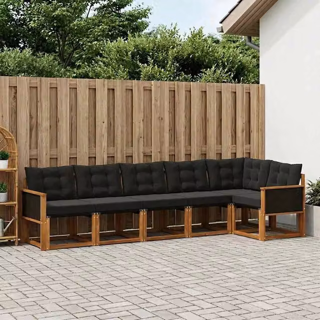 Set di divani da esterno a L vidaXL in legno di acacia e textilene, marrone e nero, con cuscini inclusi