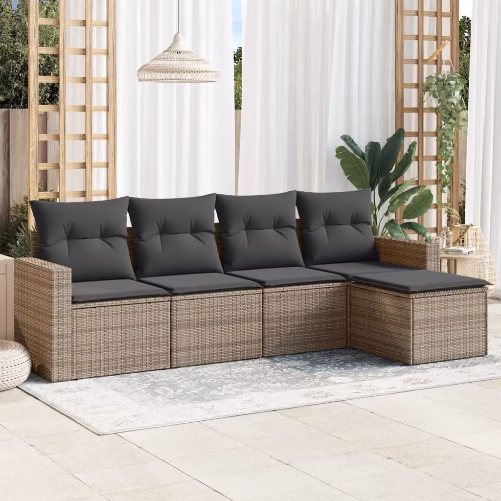 vidaXL Set Divano da Giardino 5 pz a Forma di L in Polyrattan Grigio con Cuscini Imbottiti e Coperture Rimovibili – 1