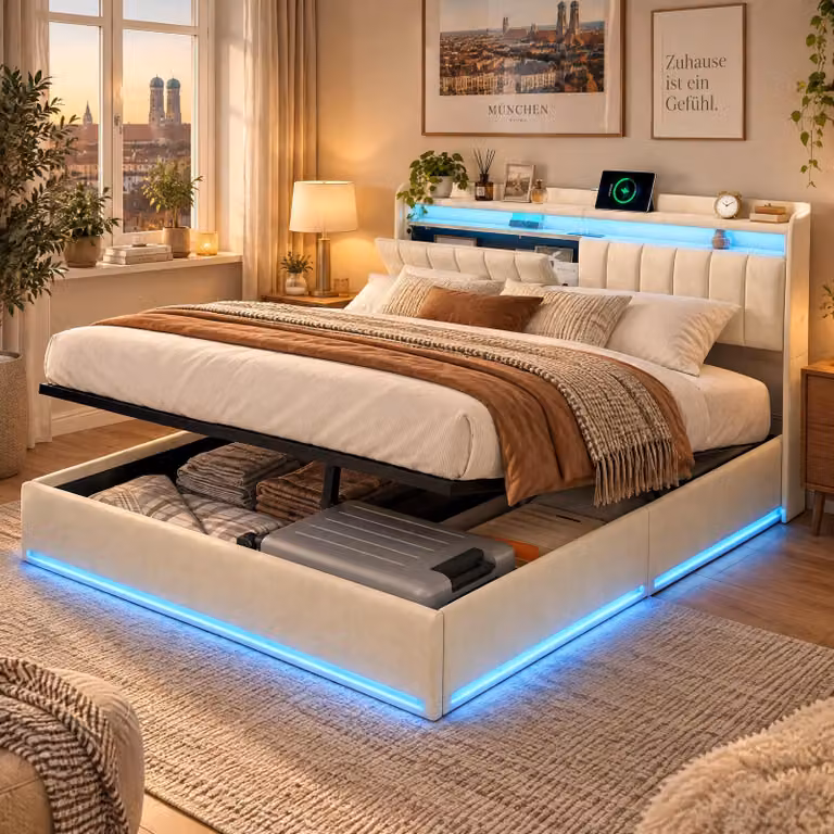 Letto imbottito 140x200 cm con contenitore, letto matrimoniale con illuminazione LED, poggiatesta con spazio contenitivo e prese USB, letto a molle con rete a listelli, rivestito in velluto, color beige (senza materasso)