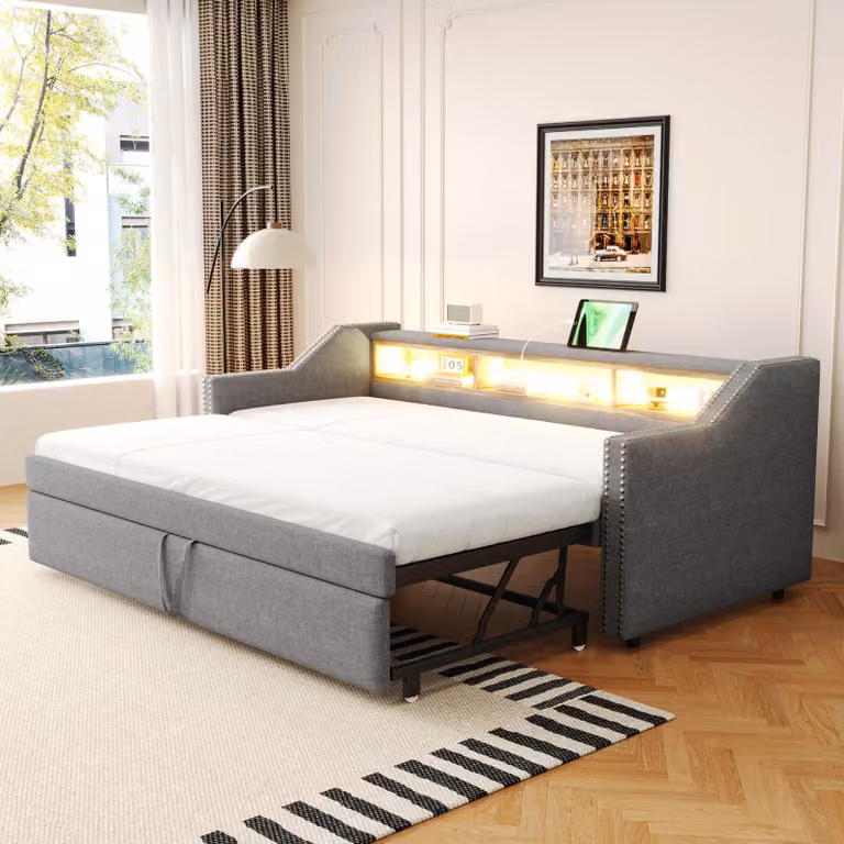 Divano letto 90/180 x 190 cm, estendibile, con 3 vani portaoggetti, illuminazione LED, presa USB e rete a doghe, rivestito in lino, colore grigio chiaro