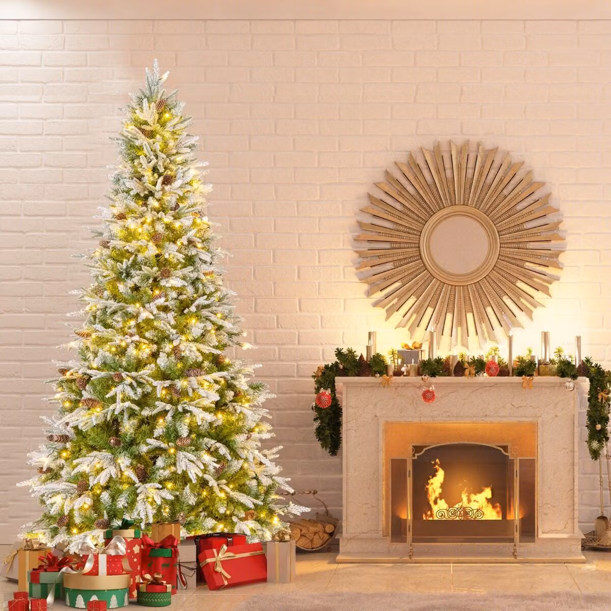 Set di alberi di Natale artificiali Costway pre-illuminati e innevati, include un albero da 225 cm e tre alberi da 90 cm, colore verde e bianco