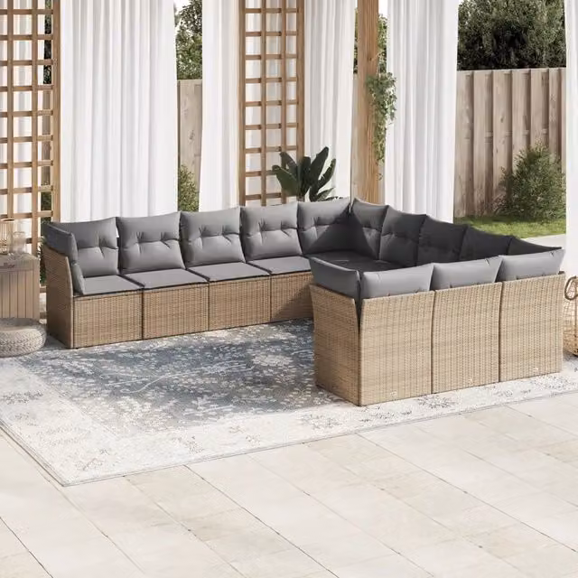 Set di divani da giardino a L VIDAXL in polyrattan con cuscini beige e grigi, 11 pezzi