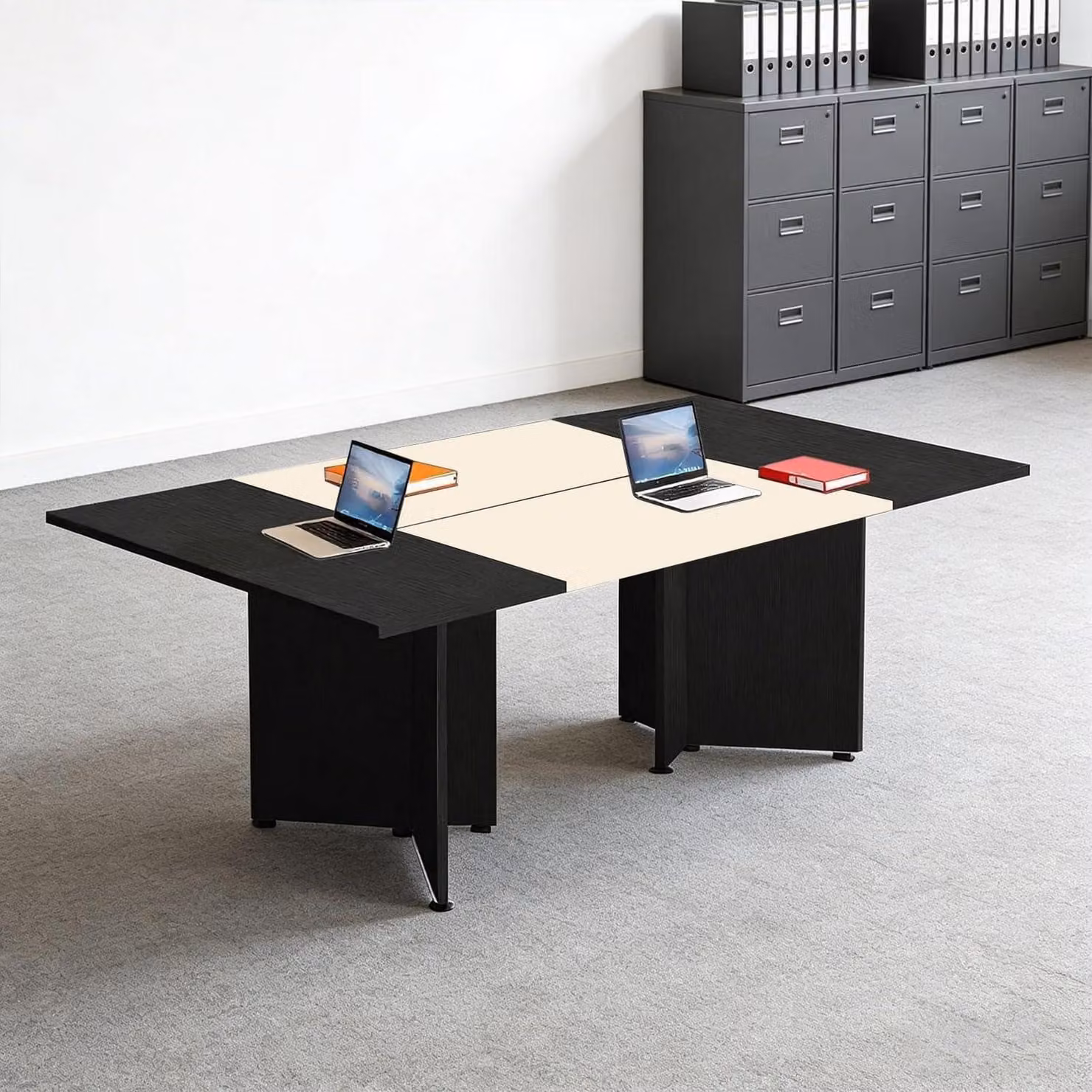 Tavolo da conferenza modulare, estendibile, dimensioni 180x80x74 cm, colore nero e beige
